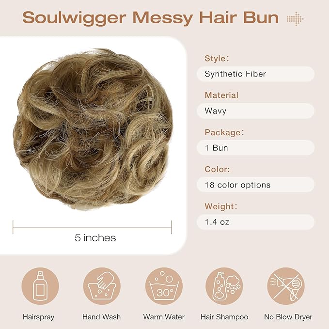 Messy Bun Hair Piece Wavy Curly Scrunchies Fluffy Donut Thick Updo Elegant Chignon Hairpieces for Women Girls, Ash Blonde Mix Ginger Brown 1.4oz