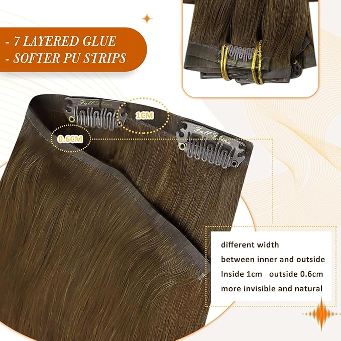 Full Shine Clip in Hair Extensions Real Human Hair Brown Seamless Hair Extensions Clip in with PU Weft Remy Human Hair Medium Brown Softness 18 Inch 8 PCS 120 G