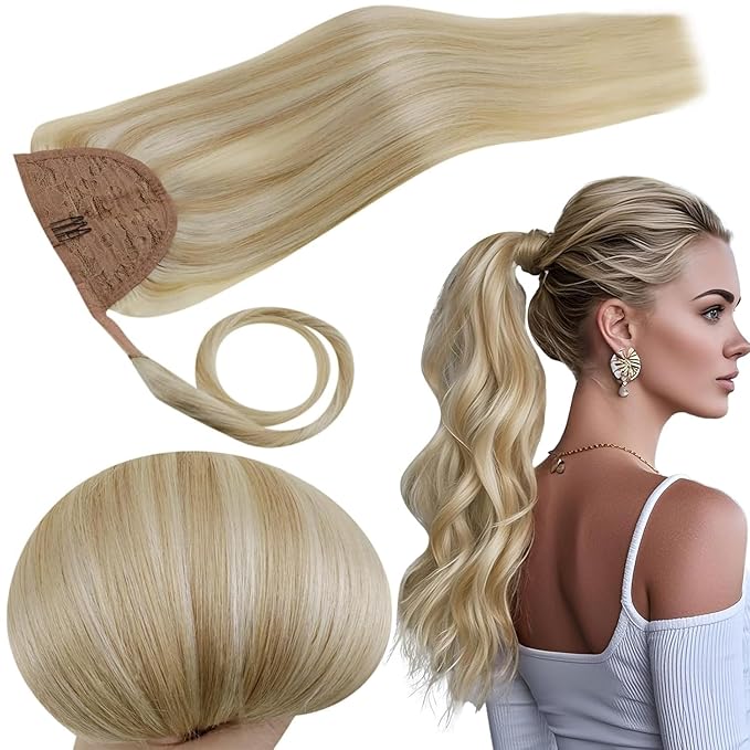 RUNATURE Ponytail Extension Human Hair Blonde, Real Human Hair Ponytail, Wrap Around Ponytail Hair Extensions Remy Straight Hair 18 Inch 80g #18P613 Ash Blonde Highlight Platinum Blonde