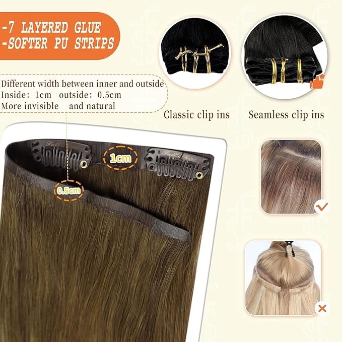 Full Shine Clip in Extensions Real Human Hair Brown Balayage Seamless Clip ins Medium Brown to Caramel Blonde and Brown Invisible Hair Extension Softness 20 Inch 8 PCS 120 G