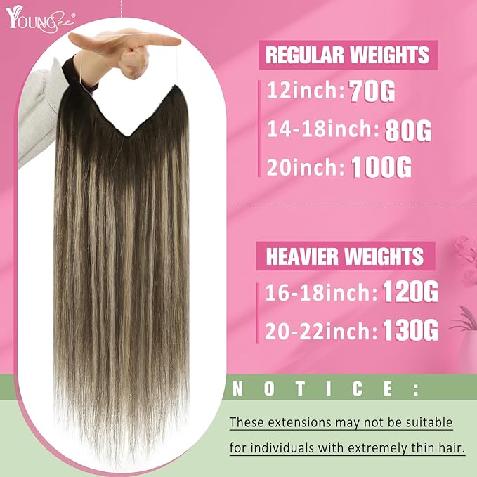 Youngsee Wire Hair Extensions Brown Balayage Wire Human Hair Extensions Ombre Dark Brown with Ash Blonde Invisible Fish Line Hair Extension Real Human Hair for Women 12Inch 70G
