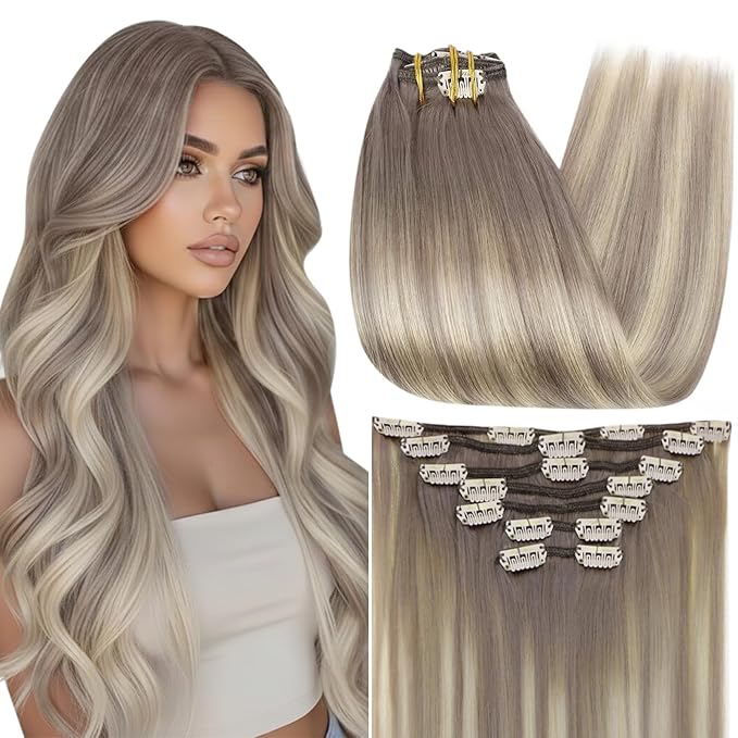 Full Shine Clip on Hair Extensions Human Hair 16 Inch Balayage Grey to Platinum Blonde Clip in Extensions for Women Grey Blonde Hair Extensions 7 Pcs 120 G