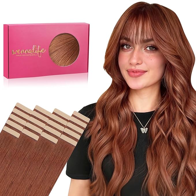 WENNALIFE Tape in Hair Extensions Human Hair, 20pcs 50g 14 inch Dark Auburn Copper Remy Hair Extensions Straight Human Hair Tape in Extensions Skin Weft Tape Extensions Human Hair