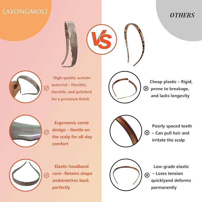 Headbands with Teeth Non-Slip Thin Acetate Hairbands for Women, Sunglasses Headband Design, 90s Retro Hair Barrettes, No Pressure & No Headache Hair Bands (Brown Marble)