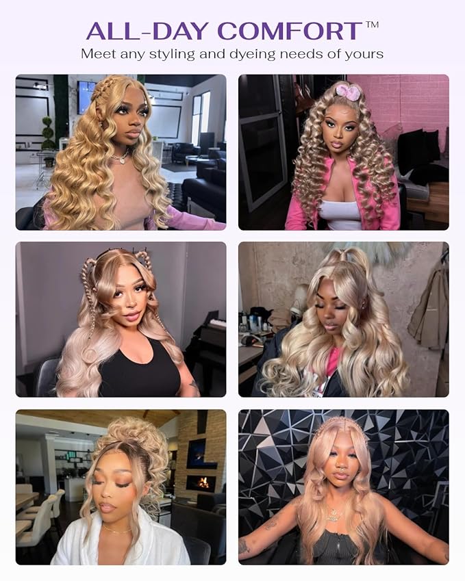 Hidden Strap Milk Tea Ash Blonde Wig Human Hair Body Wave 360 Lace Front Wig Human Hair Ombre Glueless Wigs Pre Bleached Bleached Knots 180% Density Drawstring HD Full Lace Wigs 20Inch