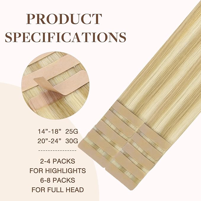 GOO GOO Tape in Hair Extensions Human Hair, 18D/22F Dirty Blonde Highlights, 14inch 25g 10pcs, Skin Weft Seamless Invisible, Silky Straight with Thick Ends, Remy Human Hair