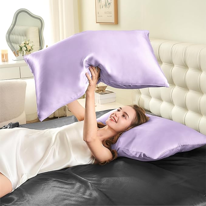 INFIIXSO Mulberry Silk Pillowcase for Hair and Skin, Silk Pillow Cases Queen Size Set of 2 with Hidden Zipper 20"x30", Ultra Smooth and Soft Cooling Pillow Cases for Hot Sleepers(Lavender, 2 Pack)