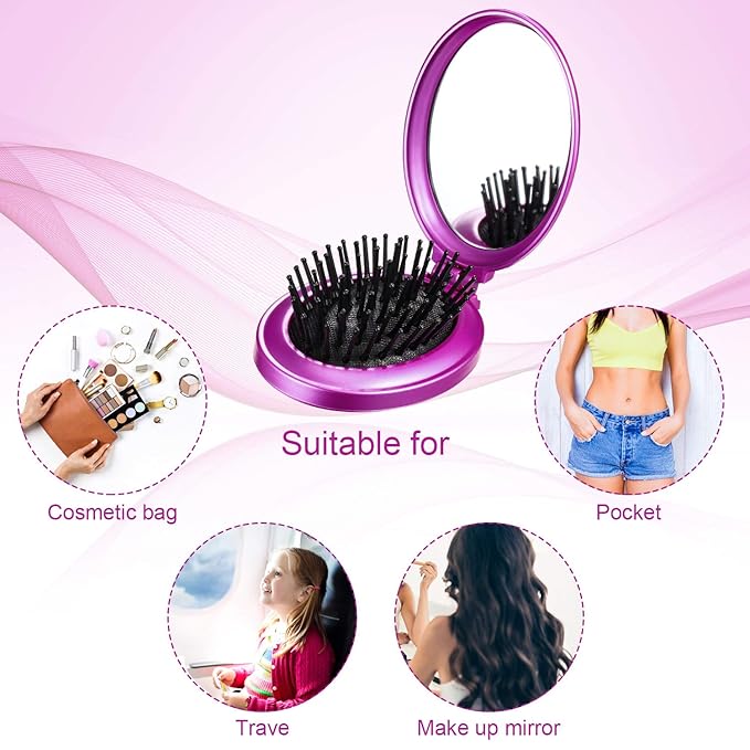 Boao 2 Pack Foldable Travel Mirror Hair Brushes Round Portable Folding Pocket Hair Brush Mini Comb Compact Travel Size Massage Comb for Men Women (Blue, Purple)