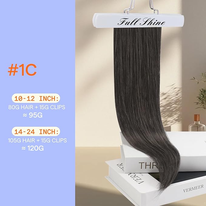 Full Shine Clip in Extensions Black Real Hair Extensions Clip in Human Hair for Thinning Hair Natural Black Tea 16 Inch 120 G 7 Pcs