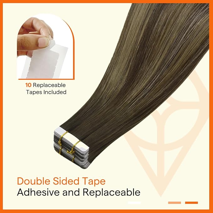 Full Shine Invisible Tape in Hair Extensions Human Hair Color 4/24/4 Medium Brown Fading to Blonde Highlight Double Sided Extensions Insert Virgin Tape in Extensions 25Grams 10Pcs 22Inch Daily Wear