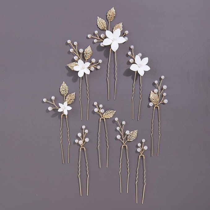 Handmade Pearl Bridal Wedding Hair Pins 9Pcs White Flower Gold Leaf Pearls Clips Bridal Hair Accessories for Women Brides Bridesmaid