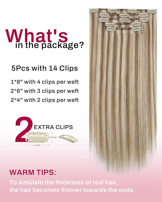Moresoo Clip in Hair Extensions Brown with Blonde Highlights Clip ins Human Hair Golden Brown with Platinum Blonde Long And Straight Double Weft 80g/5pcs 22 inch