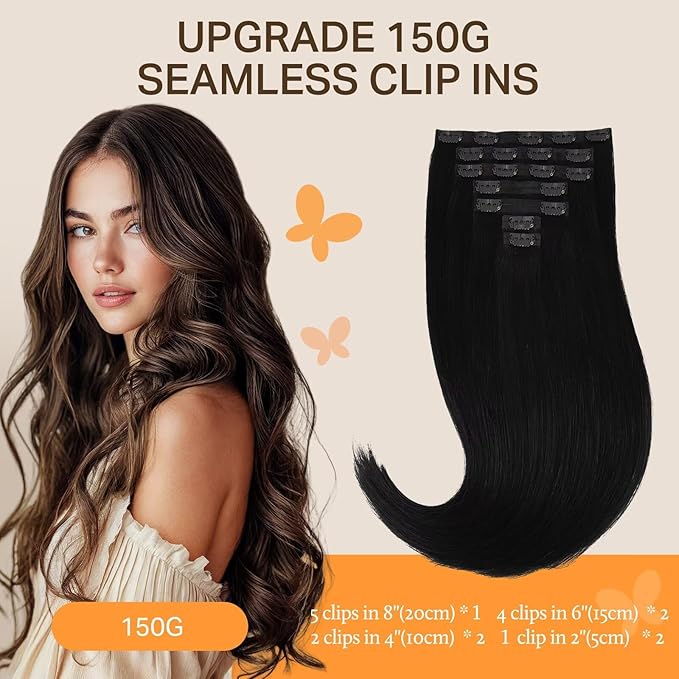 DOORES Clip in Hair Extensions Real Human Hair Invisible Edge, Jet Black 130g 7pcs 16 Inch Clip in Virgin Hair Extensions, Natural Straight Weft for Women