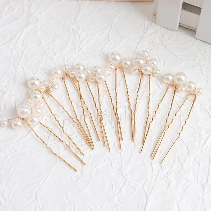 U Shaped Pearl Wedding Hair Pins for Bridal Women, Set of 9 (Gold)
