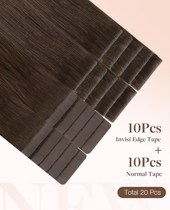 GOO GOO Invisi edge Tape in Hair Extensions Human Hair, 4A Chocolate Brown10pcs injected with 10pcs classical tape ins, 16inch 50g, Virgin Human Hair Tape ins