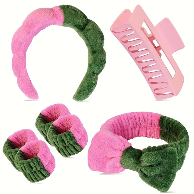 7 Pcs Spa Set, Facial Headband and Wristband Set, Skincare Accessories, College Style Girl Idea Gifts, Hair Accessories for Women and Girls（Pink Green）