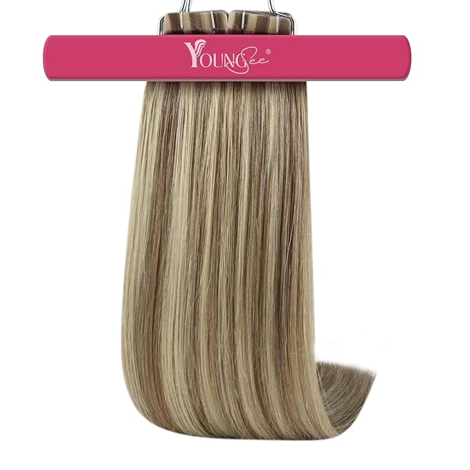 YoungSee Tape in Hair Extensions Human Hair Brown to Blonde Human Hair Extensions Tape ins Highlight Light Brown with Blonde Seamless Tape-in Extension Real Hair for Women Short Hair 12 Inch 20pcs 30g