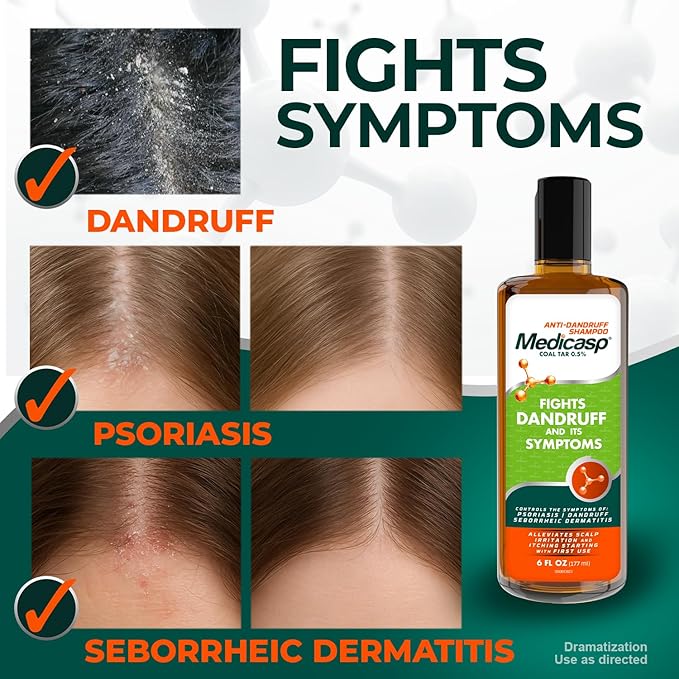 Medicasp Coal Tar Anti-Dandruff Shampoo, Alleviates Symptoms from 1st Wash, Treats Psoriasis, Seborrheic Dermatitis & Itchy Dry Scalp, Fights the Root Cause of Dandruff, Flakes Shampoo, 6 fl oz-2 Pack
