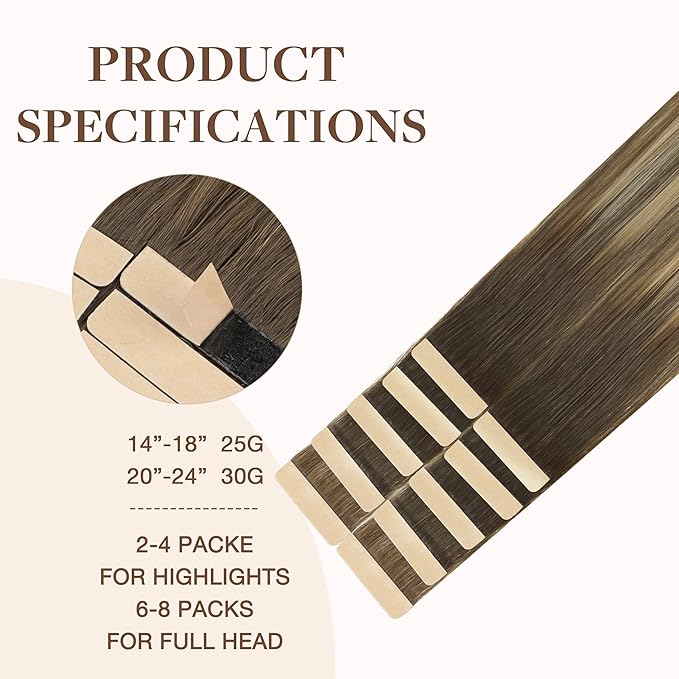 GOO GOO Tape in Hair Extensions Human Hair, 4/18 Balayage Chocolate Brown Highlighted Dirty Blonde, 18inch 25g 10pcs, Skin Weft Seamless Invisible, Silky Straight with Thick Ends, Remy Human Hair