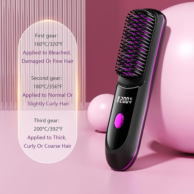 Go Brush Pro Hair Straightener – Cordless Comb with Base Negative Ion, 6000mAh Fast Heating & Portable Travel Design, Rechargeable Brush for Straightening and Curling (White-1Pcs)
