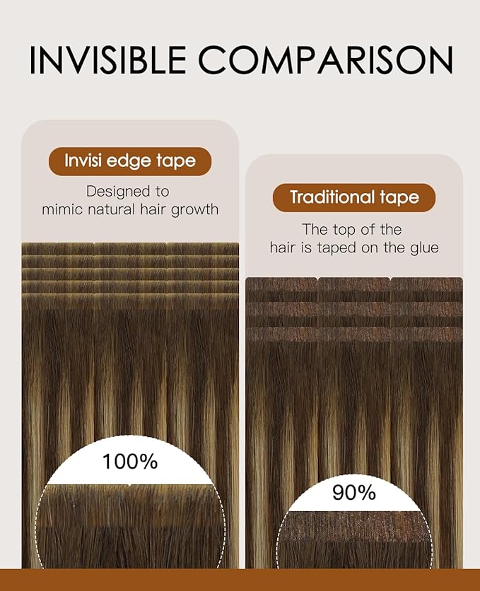VINBAO Invisi Edge Tape in Human Hair Extensions 45g 20pcs Dark Brown to Caramel Blonde Balayage Seamless Injected Tape Ins Human Hair Extensions 16inch #4/27/4