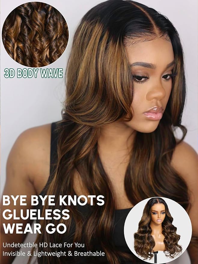 KLAIYI Bye Bye Knots Glueless Wig Ombre Brown Body Wave Pre Cut 7x5 Lace Front Wigs Human Hair Pre Plucked Pre Bleached Pre Everything Wear and Go Wig 12A Highlight Balayage 30S Ready To Go 18Inch