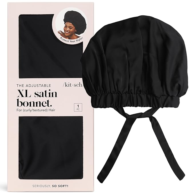 Kitsch XL Satin Bonnet for Sleeping - Softer Than Silk Hair Bonnet For Women - Secure Fit, Adjustable Night Cap For Curly & Textured Hair - Prevents Breakage, Tangles & Thinning - Black