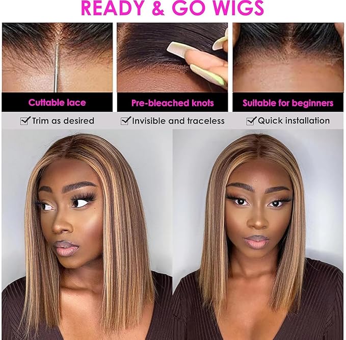 4/27 Ombre Highlight Bob Wig Human Hair 12 inch straight 427 bob wig 13x4 Highlight HD Lace Frontal Bob Wig Human Hair 180% Density Pre Plucked Ombre Short Bob Wigs for Black Women