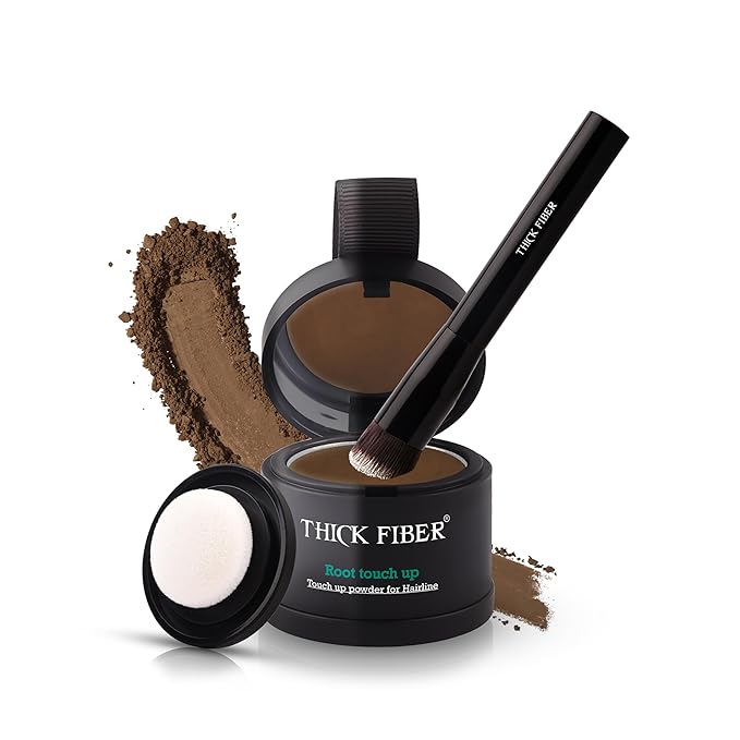 THICK FIBER Root Touch Up and Hairline Concealer - Water & Sweat Resistant Hair Loss Powder Set for Thinning Hair, Includes Brush (Light Brown)