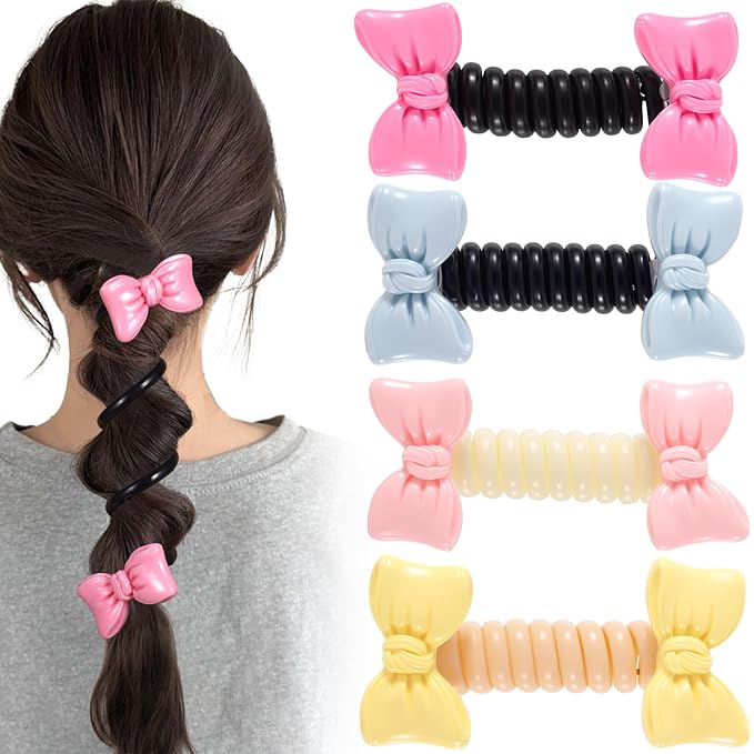 4PCS Bow Spiral Hair Ties, 4 Colors Bowknot Phone Cord Ponytail Holders for Women, Elegant Rubber Hair Coils, Stylish Hair Accessories for Party, Daily Use