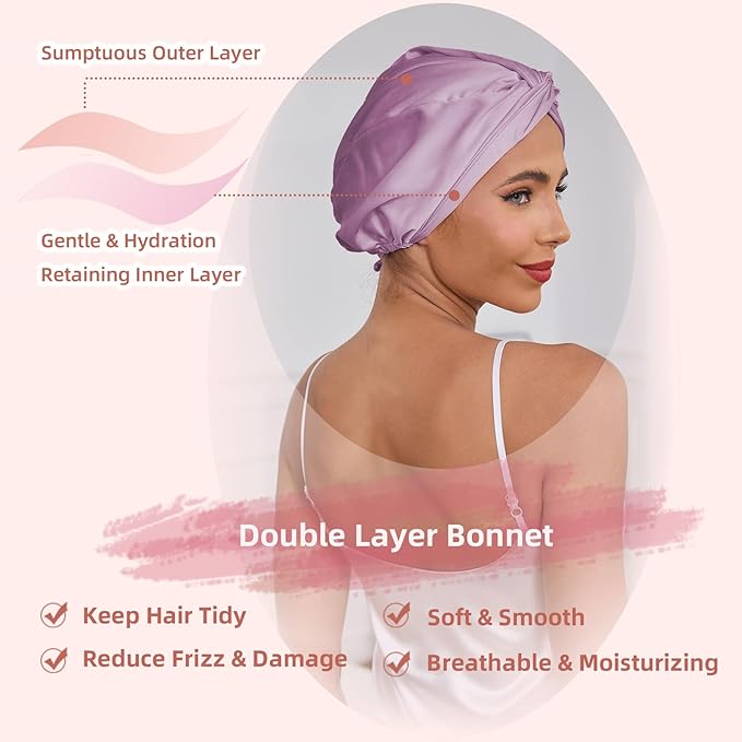Adjustable Silk Satin Hair Bonnet for Sleeping Women, Double Layer, Silk Hair Wrap for Sleeping Women Men, Curly Natural Braid Straight Unisex - Lavender