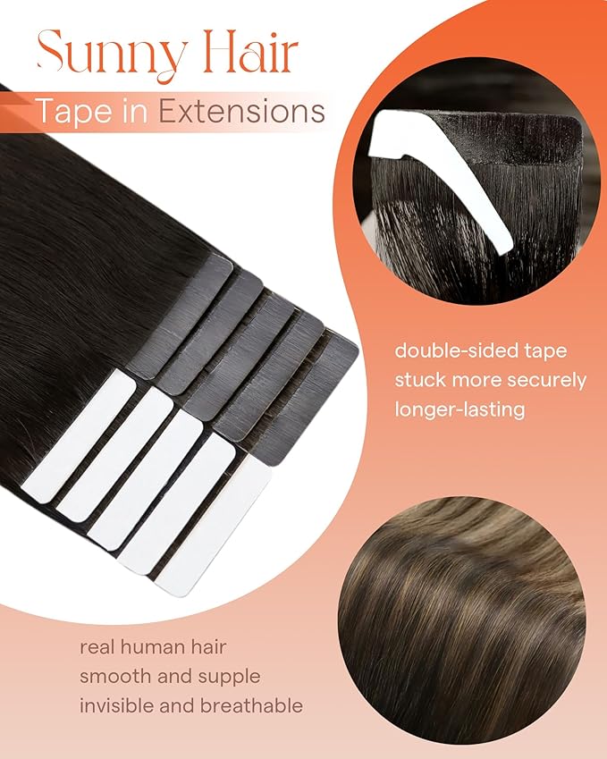 Sunny Hair Tape in Hair Extensions Real Human Hair Invisible Remy Hair Extensions Tape ins for Women Natural Black Ombre Dark Brown Balayage Ash Blonde 12 inch 20G