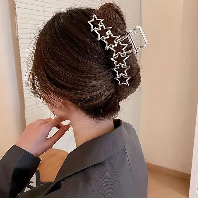 Metal Hair Claw Clips, 1Pcs Stylish Star Pattern Claw Clip for Thin & Thick Hair - Easy Back Styling Accessory (Silver Star)