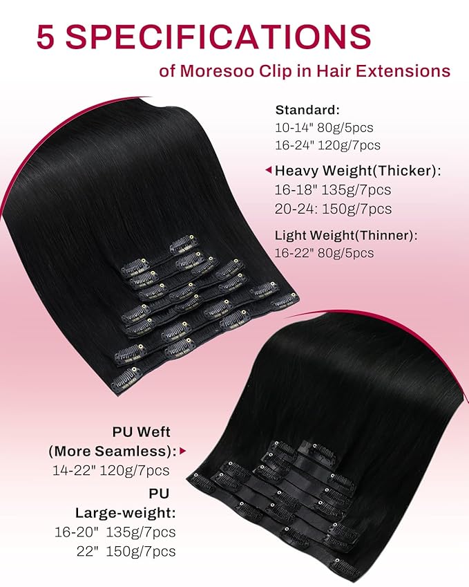 Moresoo Black Clip in Hair Extensions Real Human Hair Jet Black Double Weft Clip in Human Hair Extensions Remy Natural for Women to Add Volume Long 135g/7pcs 18 inch
