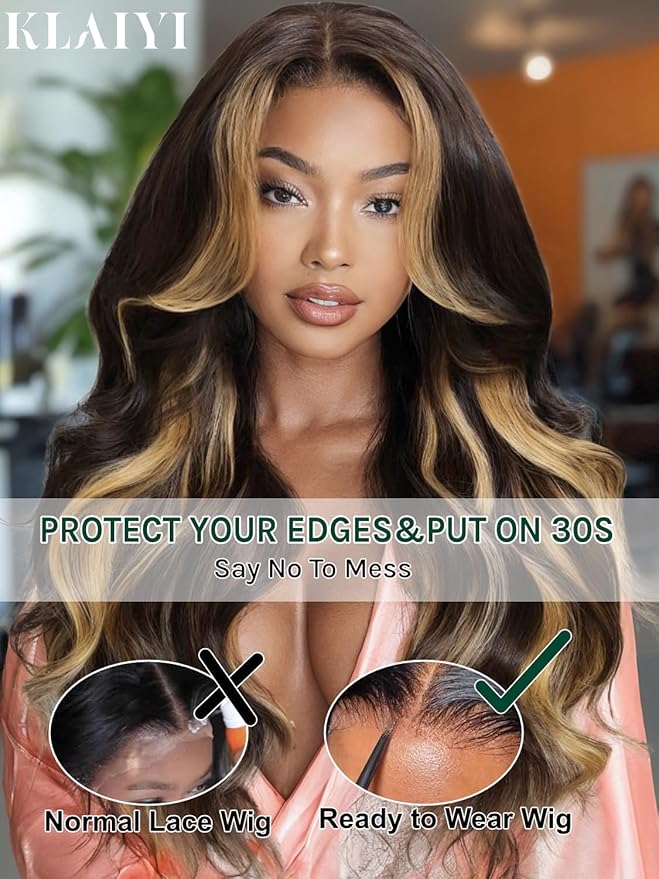 KLAIYI Ombre Highlight Blonde Loose Body Wave Bye Bye Knots Glueless Wigs Human Hair 7x5 Precut Lace Front Pre Plucked Bleached Ready to Wear Go Wig with Face Framing Curtain Bang Caramel Brown 22Inch