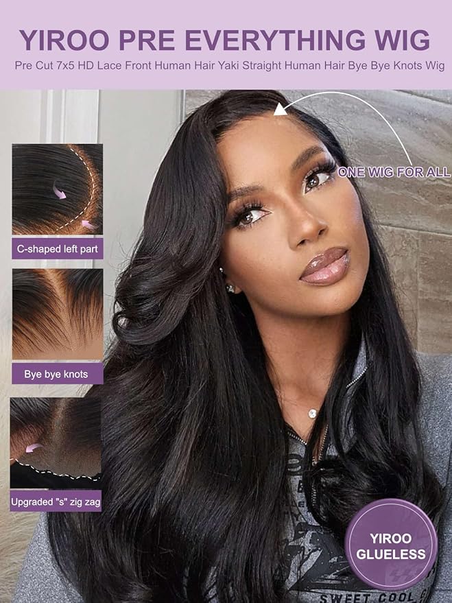 Yiroo Light Yaki Straight Wig Human Hair with Side Swept Bangs,7x5 Lace Front Bye Bye Knots Glueless Wig Human Hair Pre Plucked Pre Cut,Elastic Drawstring Wear and Go Wig for Women 150% Density 22Inch