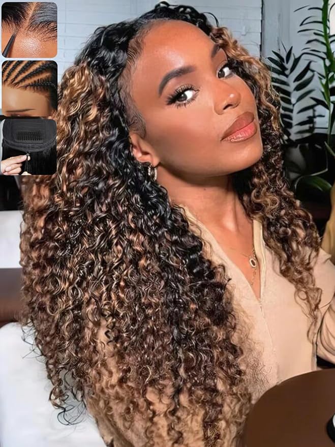 KLAIYI Ombre Brown Water Wave Bye Bye Knots Glueless Wig Human Hair Pre Cut 7x5 Lace Front Wigs Drawstring Pre Plucked Bleached Highlight Balayage Curly Ready to Wear and Go Wig with Dark Roots 24Inch