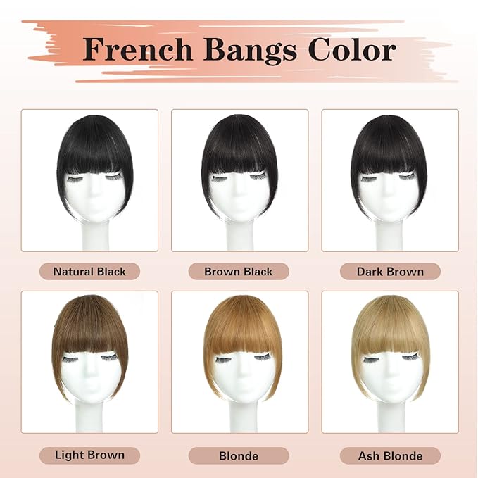 NAYOO Clip in Bangs - 100% Real Human French Bangs Hair Extensions with Temples for Women - Curved Bangs for Daily Wear (Natural Black)