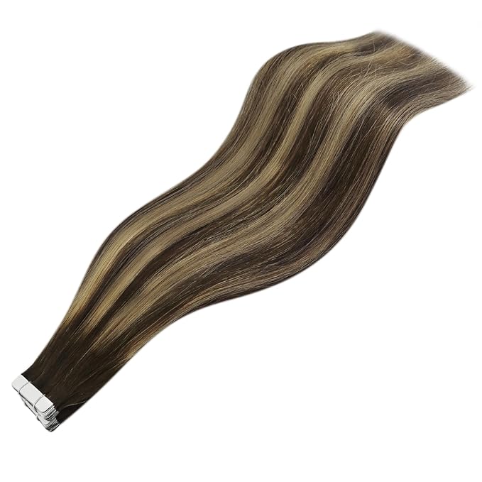YoungSee Human Hair Tape in Extensions Brown Balayage Tape in Hair Extensions Dark Brown Ombre Blonde Seamless Tape-in Hair Extension Human Hair 22In Straight Hair Extension Long 20pcs 50g