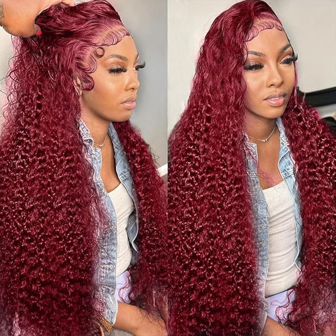 40 Inch 99J Burgundy Lace Front Wigs Human Hair Red Burgundy Wig 200% Density 13x6 Deep Wave Lace Front Wigs Human Hair Pre Plucked Glueless HD Lace Frontal Wigs for Women