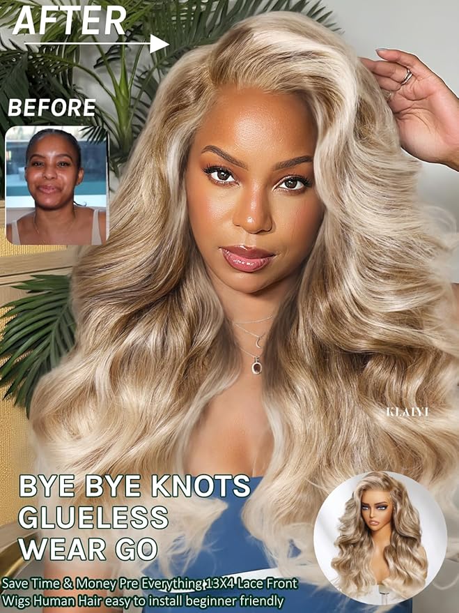 KLAIYI Ombre Ash Blonde Loose Body Wave Pre Everything Glueless 13x4 Lace Front Wigs Human Hair Balayage Precut Pre Plucked Bleached Bye Bye Knots 30S Ready to Wear and Go Wig Beginner Friendly 16Inch
