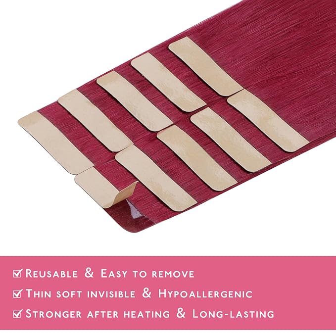 WENNALIFE Tape in Hair Extensions Human Hair Burgundy Red Tape in Extensions, 10pcs 30g 22 inch Remy Invisible Tape Ins Straight Colored Soft Real Human Hair Tape in Extensions Refill Set Extensions