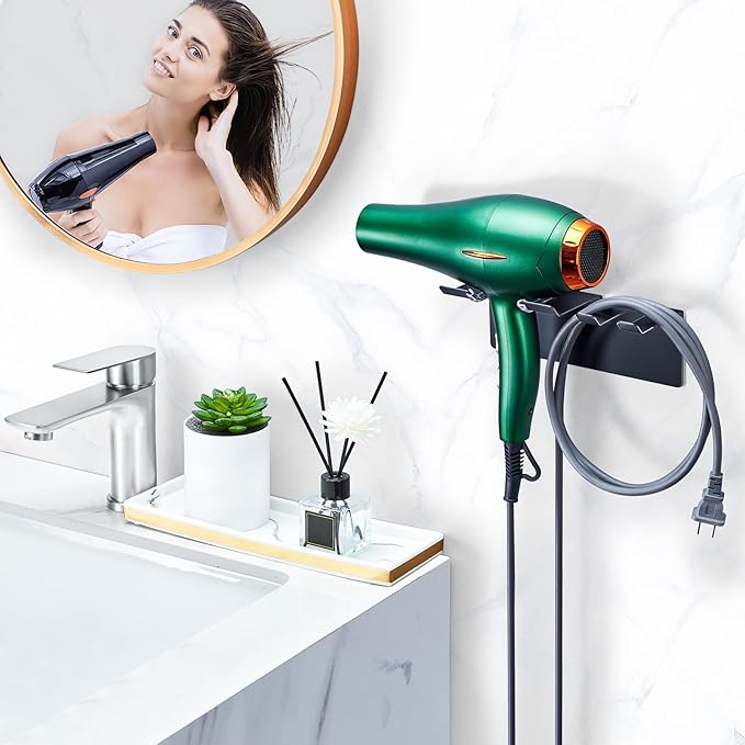 Blow Dryer Holder Matte Black, Hair Dryer Wall Mount, Hair Dryer Holder Stainless Steel, Blowdryer Holder for Wall, Hairdryer Holder for Bathroom Dressing Table