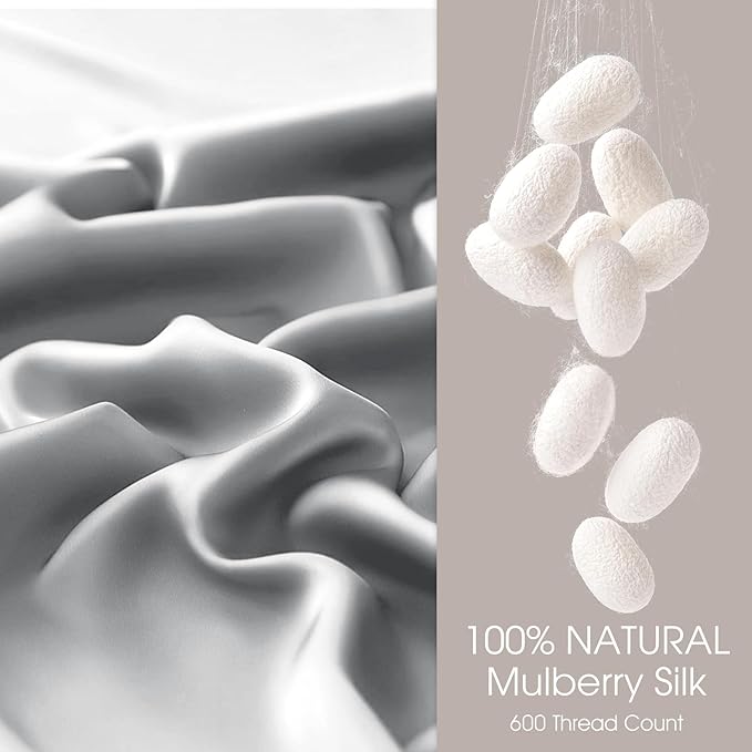 100% Silk Pillow Cases 2 Pack King Size Mulberry Silk Pillowcase for Hair and Skin Set of 2 Highest Grade 6A Silk Soft Breathable Cooling with Hidden Zipper, Light Grey
