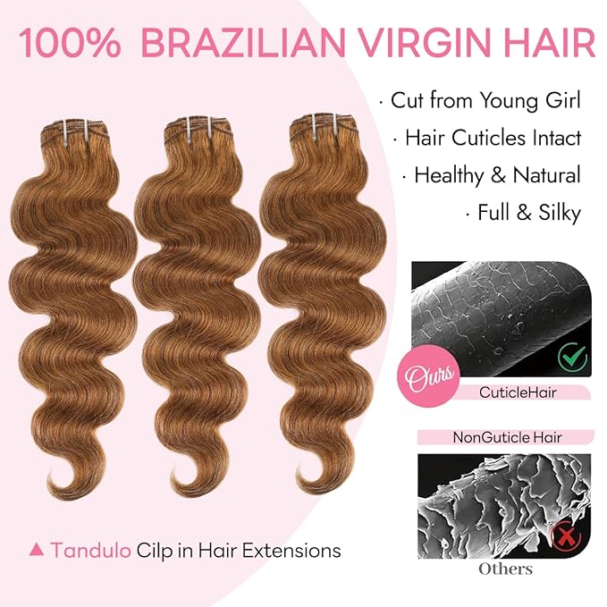Clip in Hair Extensions Real Human Hair Body Wave 30 Auburn Ginger Clip in 100% Brazilian Remy Human Hair Extensions 8pcs Per Set with 18 Clips Double Weft 20 Inch 105g/3.6oz