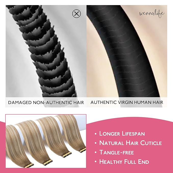 WENNALIFE Tape in Hair Extensions Human Hair Balayage Dirty Blonde with Platinum Ends Tape in Extensions, 10pcs 30g 22 inch Remy Invisible Tape Ins Straight Colored Soft Refill Set