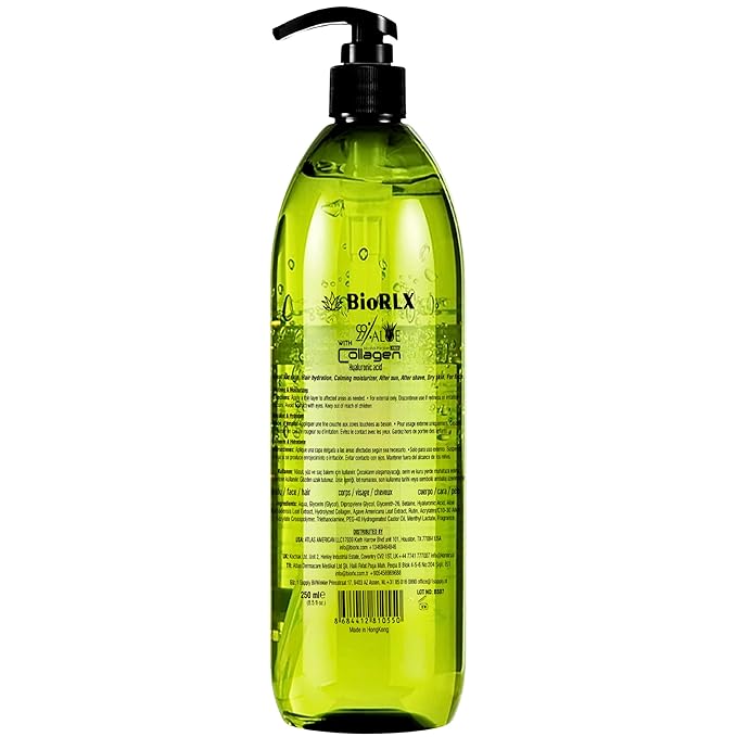 BioRLX 99% Aloe Vera Gel with Collagen and Hyaluronic Acid 250 Ml 8.5 Fl Oz - For Face Body, Hair & Scalp, After Sun Relief, Natural, Soothing, Hydrating