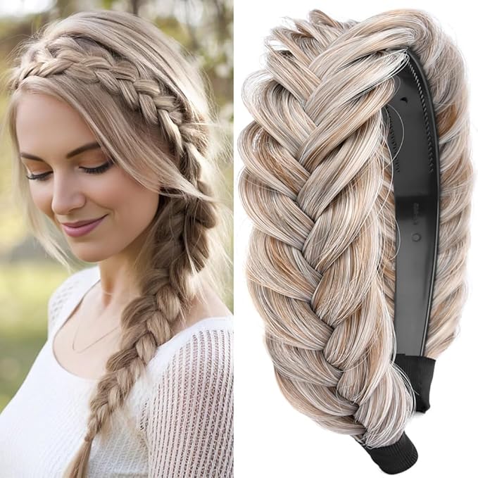 DIGUAN Wide Messy Braided Headband With Teeth Synthetic Hair Plaited Headband High Elasticity Braids Chunky Fishtail Braided Hair Band Hairpiece for Girls Women Beauty Accessory (White Gray Brown)