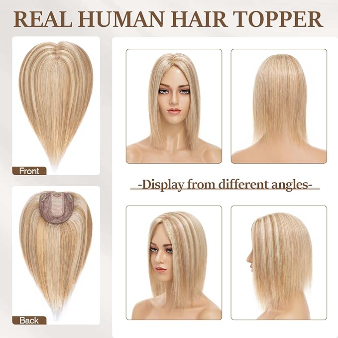 Rich Choices Hair Toppers for Women Real Human Hair 100% Human Remy Toppers NO Bangs with Thinning on Top Clip in Hairpiece 4"x4.7"Lace Base 6 Inch #12P613 Golden Brown Highlights Bleach Blonde