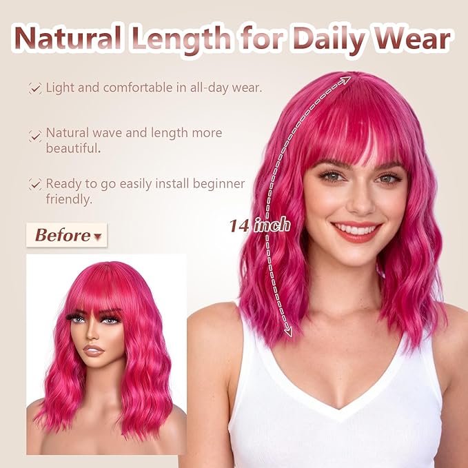 Bob Wig With Bangs Wave Wigs for Women 14 Inch Short Loose Wavy Heat Resistant Synthetic Wig Shoulder Length Hair for Daily and Cospaly Party Use (Rose mixed Purple)